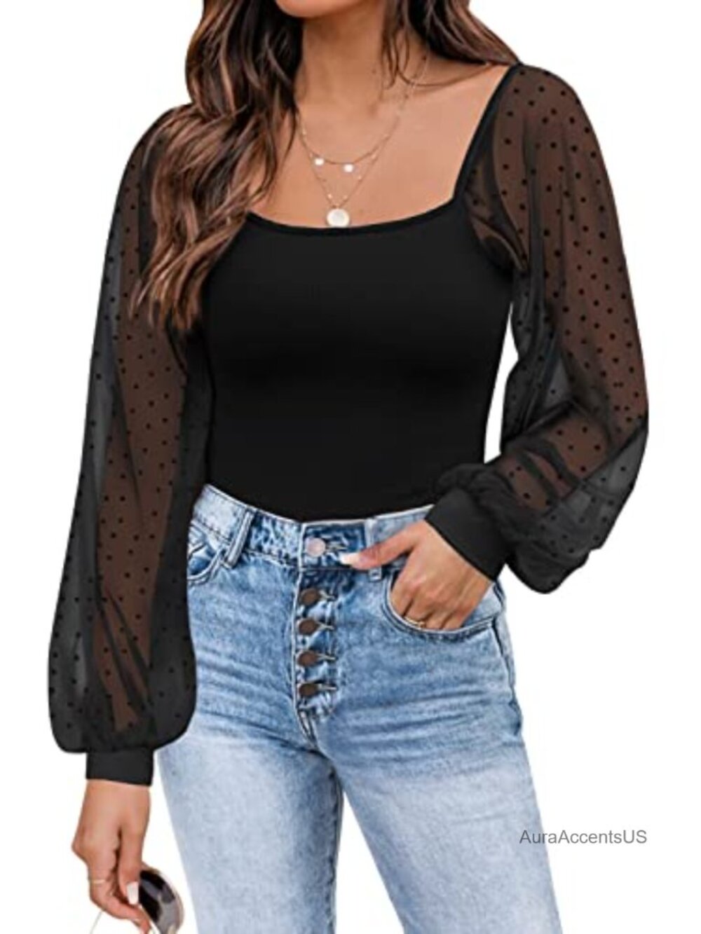 Women's Mesh Long Sleeve Blouse Sheer Puff Sleeve Square Neck Stretchy